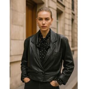 Vintage Oversized Black Leather Moto Jacket French Girl Off Duty Model